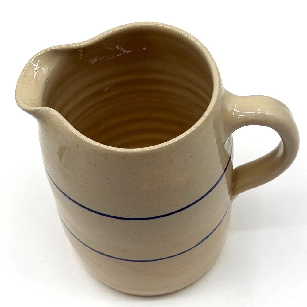 Marshall Pottery Stoneware Pitcher Tan Cobalt Blue Bands Signed Texas 7.5 Inch